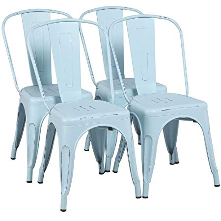 Yaheetech Metal Chairs Stackable Side Chairs Tolix Bar Chairs Kitchen Dining Room Chairs with Back Indoor/Outdoor lassic/Chic/Industrial/Vintage Bistro Café Trattoria Restaurant Dream Blue, Set of 4