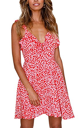 Angashion Women's Dresses-Floral Print Sleeveless Ruffle V Neck A Line Swing Mini Dress