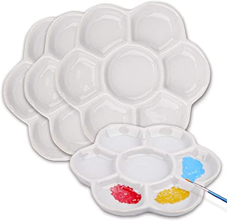 Foraineam 4 Pieces Ceramic Paint Palette Artist 7 Well Flower Palettes Painting Oil Watercolor Mixing Trays