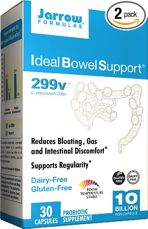 Jarrow Formulas Ideal Bowel Support 299v, Reduces Bloating Gas and Intestinal Discomfort, 10 Billion Cells Per Capsule, 30 Vegetarian Capsules (Pack of 2)