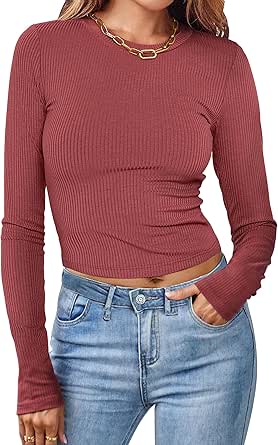 MEROKEETY Women Long Sleeve Slim Fit Crop Shirt Ribbed Knit Tops Casual Round Neck Y2K Tees