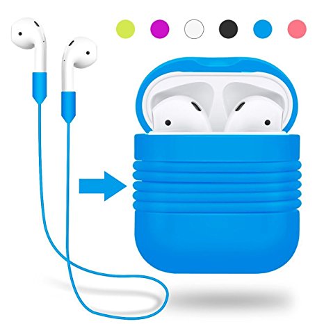 Yometome AirPods Case, Shockproof Silicone Protective Cover Accessories Skin with Earphone Sports Anti-lost Strap Rope for Apple Airpods Charging Case Blue
