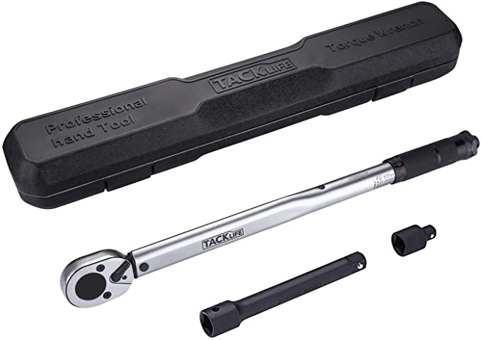 TACKLIFE Torque Wrench 1/2 Inch, Drive Click (10-150 lb-ft / 13.6-203.5nm) with 2.75" Extension Bar, 3/8" Adapter | HTW2C