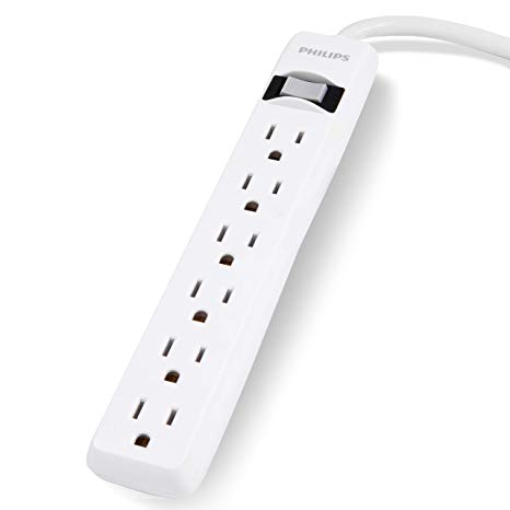 Philips 6 Outlet Power Strip Surge Protector, 2ft Power Cord, Straight Plug, Wall Mount, 450 Joules, UL Listed, Circuit Breaker, Automatic Shutdown, White, SPP3063WP/37