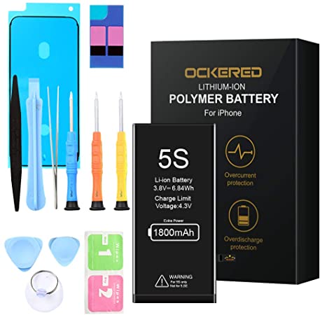 ockered Battery for IPhone 5s, original 1800 mAh high capacity spare battery with tool kit and repair kit, battery replacement manual, 2 years warranty 100%