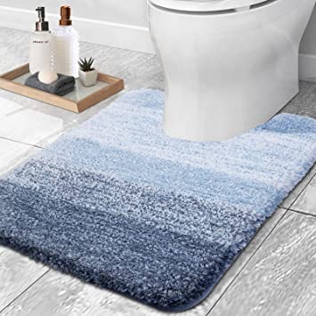 Olanly Luxury Toilet Rugs U-Shaped, Extra Soft and Absorbent Microfiber Bathroom Rugs, Non-Slip Plush Shaggy Toilet Bath Mat, Machine Wash Dry, Contour Bath Rugs for Toilet Base, 20x24, Blue