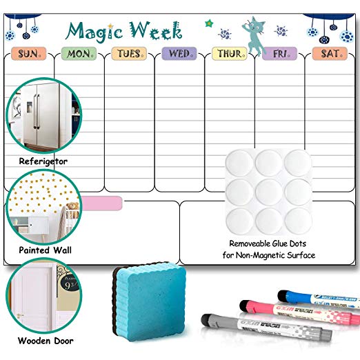 Magnetic Dry Erase Weekly Board, Stainless Steel Refrigerator Magnetic Task Board 17"x11", Reminder Planner Set for Kitchen Fridge, Wooden Door, Office Glass Window