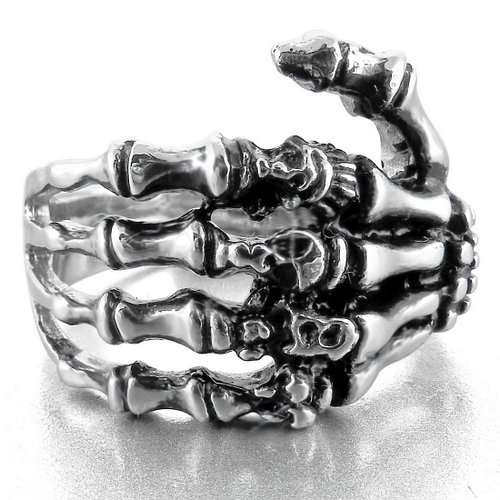 Men's Stainless Steel Ring Band Silver Black Skull Hand Bone Gothic