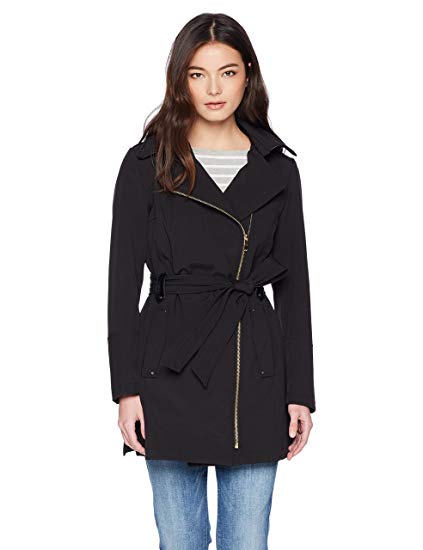 Via Spiga Women's Petite Double Breasted Hooded Fit and Flare Lightweight Trench Coat