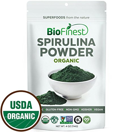 Biofinest Spirulina Powder - 100% Pure Freeze-Dried Vitamins Superfood - USDA Certified Organic Raw Vegan Non-GMO - Boost Digestion Detox Weight Loss - For Smoothie Beverage Blend -4 oz Resealable Bag