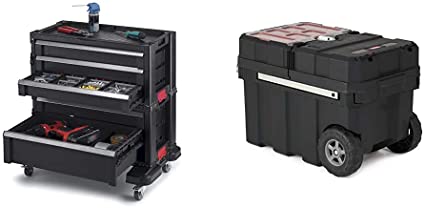 Keter Rolling Tool Chest with Storage Drawers, Locking System and 16 Removable Bins & Masterloader Resin Rolling Tool Box with Locking System and Removable Bins &ndash, Tape Measure, Black
