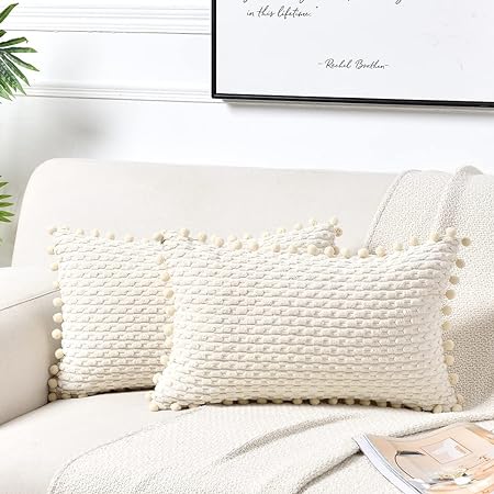 Fancy Homi Set of 2 Cream Lumbar Decorative Throw Pillow Covers 12x20 Inch with Pom-poms for Couch Bed Sofa, Modern Farmhouse Boho Home Decor, Soft Plush Corduroy Rectangle Cushion Case 30x50 cm