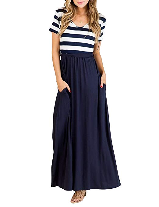 MEROKEETY Women's Short Sleeve Striped V Neck Casual Tie Empire Waist Maxi Dress with Pockets