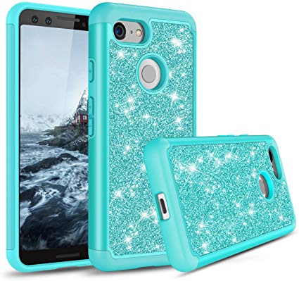 Pixel 3 Glitter Case, Heavy Duty Dual-Layer Sparkling Crystal Bling Cute Girls Womens Phone Case Cover –– Drop Tested Google Pixel 3 Compatible (Teal)