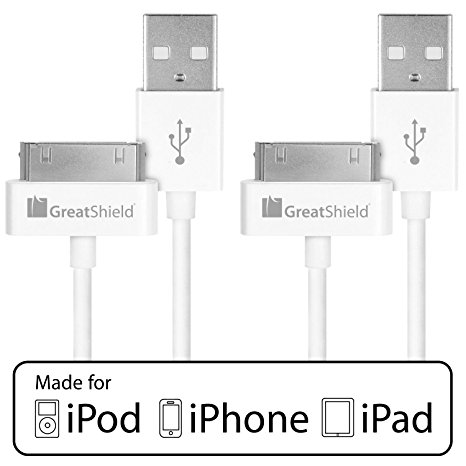 GreatShield® Apple MFI Certified USB Sync and Charge Data Cable for all 30-Pin Apple iPhone, iPhone 3G/3GS, iPhone 4/4S, iPod Touch 1st, 2nd, 3rd, 4th gen, iPod Nano 5th/6th gen, iPad, iPad 2/3 - 3ft (White) (2 Pack)