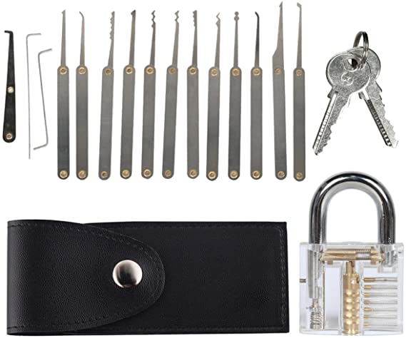 [UPGRADE VERSION]15-Piece Unlocking Lock Pick Set Bundle with Practice Padlocks for Beginners and Professionals & Locksmiths (1pc padlock   2pc key (White)  Lock Pick Set)