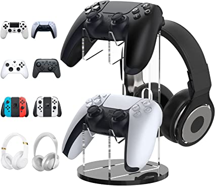 MoKo Universal Stand for Gamepad and Headphone Stand, 2 in 1 Game Controller Stand Holder Storage Organizer for ps5, ps4, Xbox One, Xbox Series, Controller Stand Gaming Accessories, Black&Clear