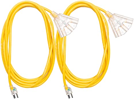 2 Pack of 25 Foot Outdoor Extension Cord with 3 Electrical Power Outlets - 12/3 SJTW Heavy Duty Yellow Lighted Extension Cable with 3 Prong Grounded Plug for Safety, 15 AMP