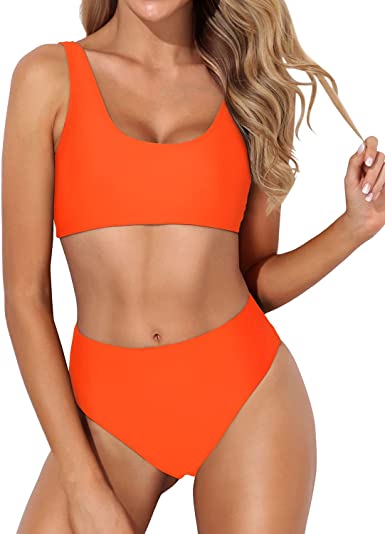 Tempt Me Women Two Piece Scoop Neck Bikini Crop Top High Cut Swimsuit Sporty High Waisted Bathing Suit with Bottoms