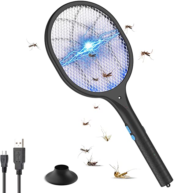 BOYON Bug Zapper Mosquito Killer Electric Fly Swatter， Rechargeable Mosquitoes Lamp & Racket 2 in 1 Handheld Fly Zapper for Home and Outdoor Safe to Touch with 3-Layer Safety Mesh (Black)