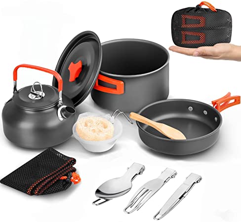 Aandyou Camping Cookware Kit, Camping Cookware Set Outdoor Cooking Pot Pan Kettle Lightweight Camping Accessories Backpacking Hiking Gear for 2 to 3 People Picnic,Travel