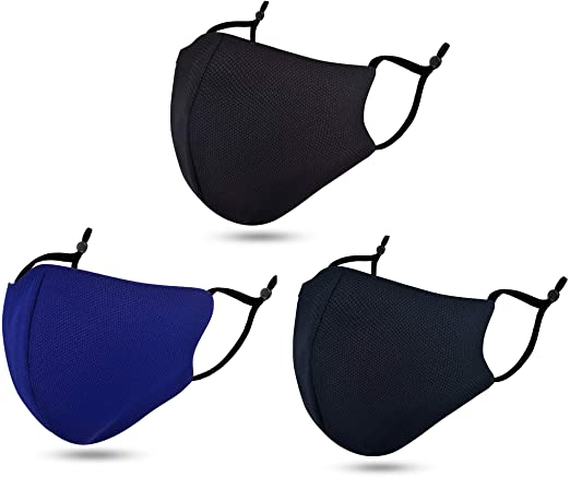 Multi Color Womens Mens Cloth Face Madks Washable Reusable, Breathable Adjustable Soft Fitted Adult Face Madks with Ear Loops, 3 Pack Black/Royal Blue/Dark Blue