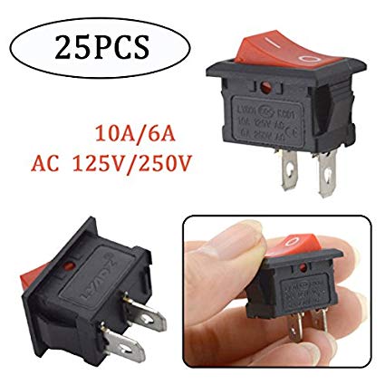 URBEST 25Pcs Red Button 2 Pin SPST Type ON-OFF Micro Rocker Switch 10A/125V 6A/250V AC for Auto Car