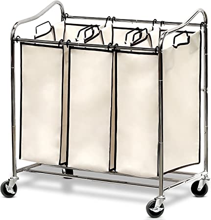 SimpleHouseware Heavy-Duty 3-Bag Laundry Sorter Rolling Cart, Chrome
