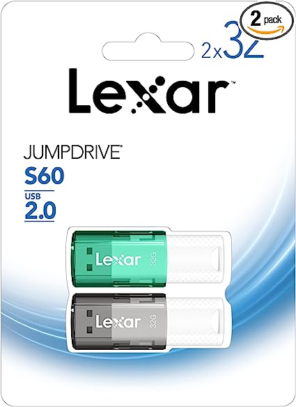 Lexar® JumpDrive® S60 USB 2.0 Flash Drives, 32GB, Black/Teal, Pack Of 2 Flash Drives, LJDS60-32GB2NNU