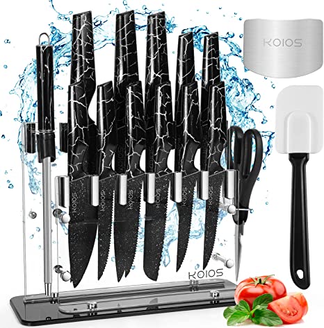 Knife Set, 16 Pcs Kitchen Knife Set, Sharp Stainless Steel Chef Knife Set with Acrylic Stand, Nonstick Knife Sets for Kitchen with Block - 6 Serrated Steak Knives, Scissors, Sharpening Steel, Black