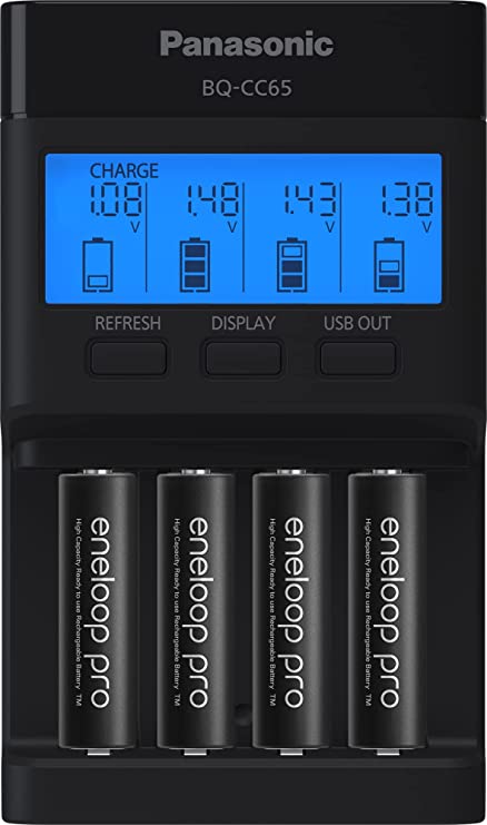 Panasonic K-KJ65KHA4BA Super Advanced 4-Position Quick Charger with LCD Indicator Panel, USB Charging Port and 4AA eneloop pro Rechargeable Batteries, Black