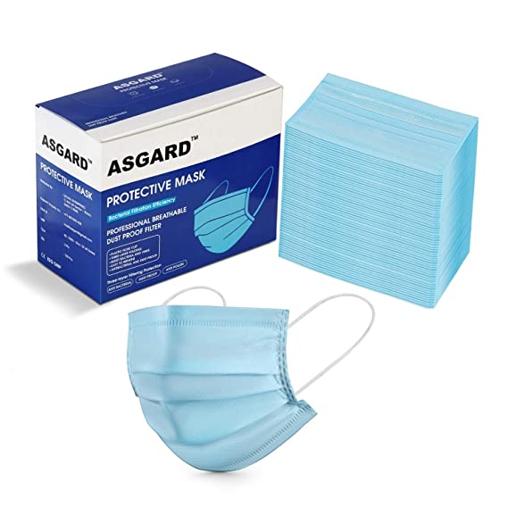 ASGARD 3 Layer Protective Face Mask with NOSE CLIP, Certified by CE, ISO & GMP with Bacterial Filtration Efficiency(BFE)≥98.5%, (Blue, BOX SEALED PACKAGING)