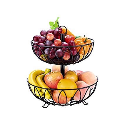 Fruit Stand Vegetables Basket Counter Top Fruit Basket Bowl Storage Black Cast Iron (2-Tier)