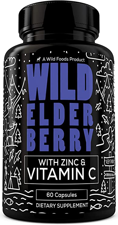 Wild Elderberry with Zinc and Vitamin C - Daily Herbal Supplement with Sambucus Extract for Women & Men - Natural and Organic Gluten Free Elderberry Capsules - Zero Sugar Vitamins - 60 Capsules