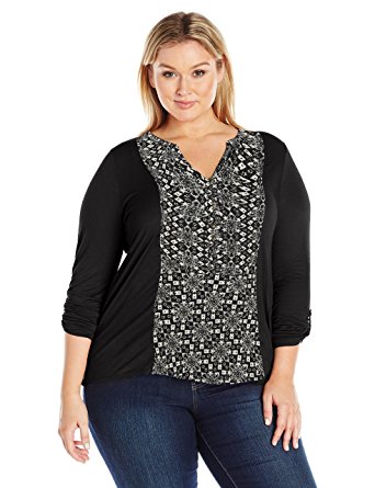 Lucky Brand Women's Plus Size Printed Woven Mix Henley Top