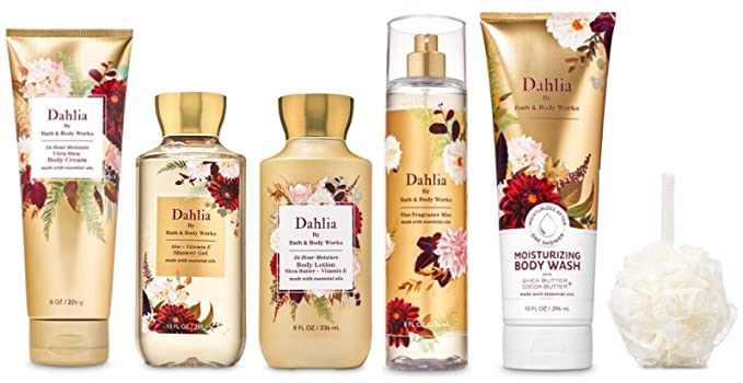 Bath and Body Works DAHLIA - PREMIUM SPA Gift Set - Body Lotion - Moisturizing Body Wash - Body Cream - Fragrance Mist and Shower Gel - Kit with cello gift wrap, ribbon, tag and Shower Sponge