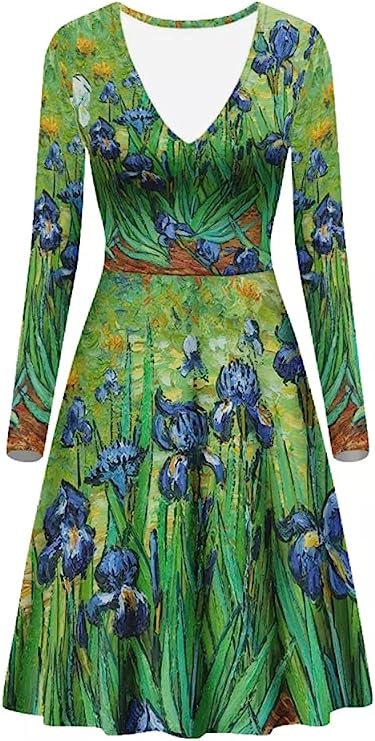 GLUDEAR Women's Van Gogh Painting 3D Print Long Sleeve V-Neck Ruffle Swing Dress