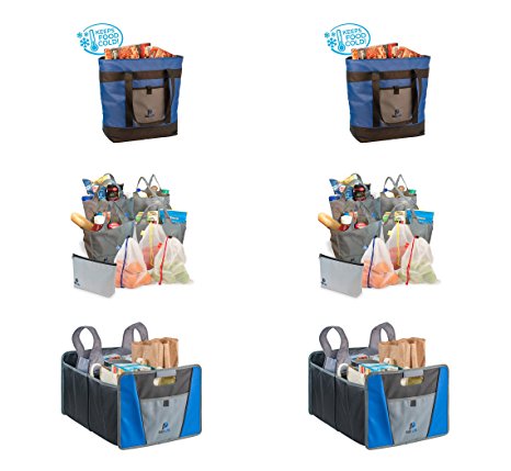 Eco-Friendly Grocery Shopping Gift Set. Busy Life Soft Cooler Bag, Reusable Grocery Bags, and Auto Trunk Organizer for Loading, Organizing and Carrying Home the Groceries. (6 Units)