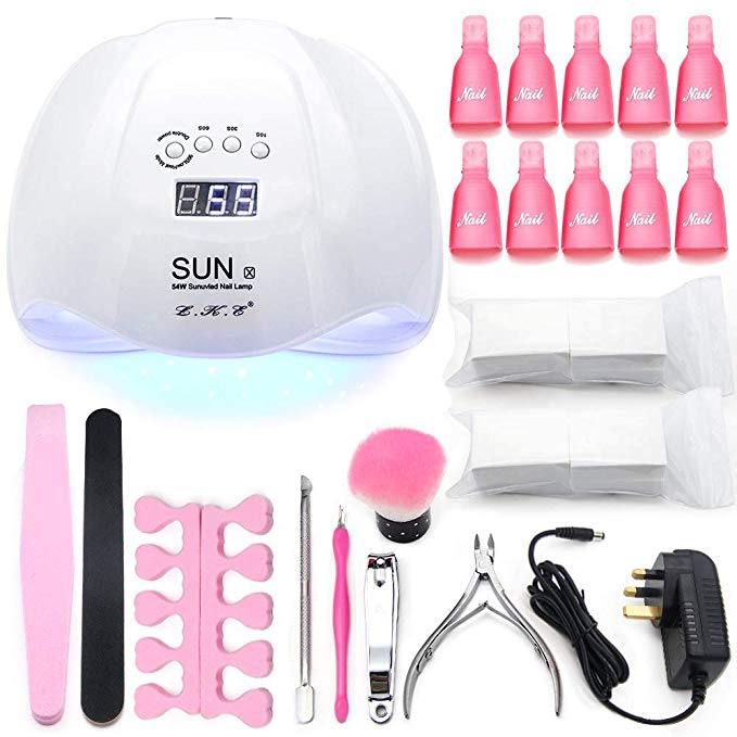 54W LED UV Nail Lamp Kit,Nail Lamp for Gel Nail Curing Dryer with LCD Display 10/30/60/99s Timer Automatic Sensor Manicure Tools 10 Pcs Sets