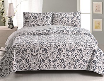 Martinique Collection 3-Piece Luxury Quilt Set with Shams. Soft All-Season Microfiber Bedspread and Coverlet with Beautiful Printed Pattern. By Home Fashion Designs. (Twin, Blue / Gray)