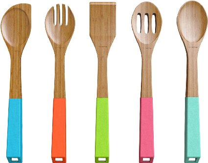 Vremi 5 Piece Bamboo Spoon Set; Wooden Kitchen Utensils with Colorful Handles; includes Serving Fork, Spatula, Mixing, Slotted and Serving Spoons