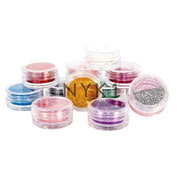 NYK1 12 x NAIL ART GLITTER POTS COLOURED FINE DUST POWDER FOR ALL NAIL ART, FACE, BODY and HAIR DECORATION AND DESIGN