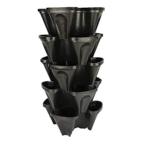 5-Tier Strawberry and Herb Garden Planter - Stackable Gardening Pots with 10 Inch Saucer (Black)