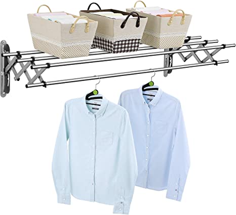 Wellex] 59" Stainless Steel Folding Clothes Drying Rack (60lb Capacity, 22.5 Linear FEET) Folding Clothes Drying Rack Wall Mounted, Great Organization Landry Room, Indoor Outdoor Use