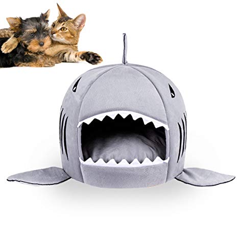 Shark Bed for Small Cat Dog Cave Bed Removable Cushion,waterproof Bottom Most Lovely Pet House Gift for Pet (M, Gray)