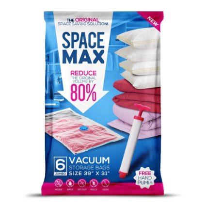 SpaceMax Premium Jumbo Vacuum Storage Space Saver Bags (80% More Compression Than Competitor Bags). Free Travel Hand-Pump Included! (6 Pack)