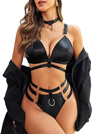 Avidlove Lingerie Set for Women O-Ring Linked Cut Out Choker Bra and Panty Set Bondage Lingerie 3 Pieces