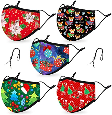 Reversible Christmas Face Madks for Adults Reusable Adjustable, Breathable Black Cloth Face Madk Washable with Nose Wire, Christmas Gifts for Women, Holiday Face Madks Christmas Decorations(5 Pack)