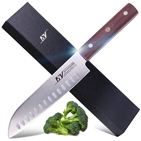 15V Santoku Knife 7.5 inch, High Carbon German Steel Full Tang Hollow Edge Kitchen Knife with Pakkawood Handle - Onimaru Series