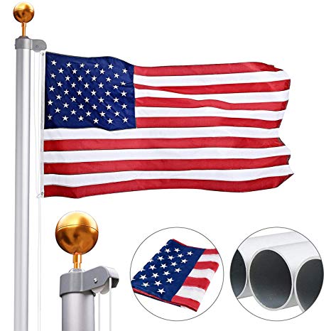 Gientan 20FT Sectional Flag Pole Kit with 3x5 US Flag, Extra Thick Aluminum Heavy Duty American Inground Flagpole Set with Stainless Steel Clips for Commercial or Residential, Silver